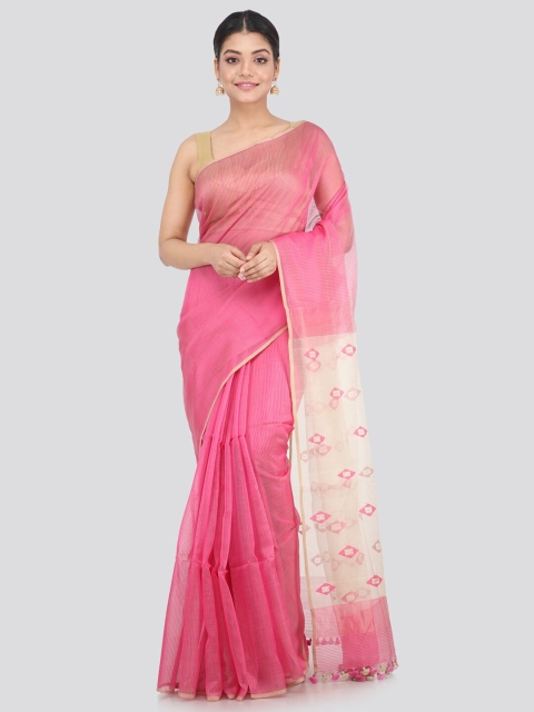 

PinkLoom Pink & Cream-Coloured Woven Design Silk Cotton Handloom Saree