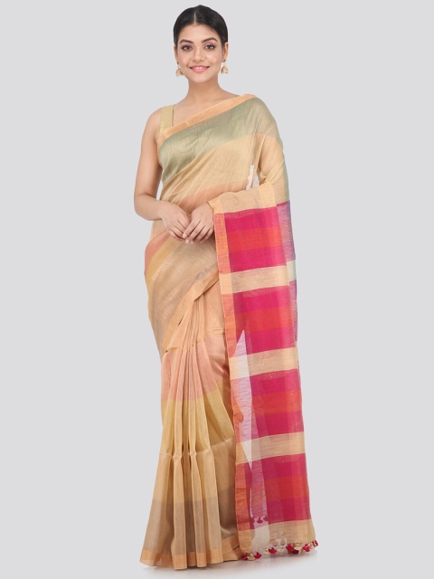 

PinkLoom Beige & Red Pure Linen Handloom Saree