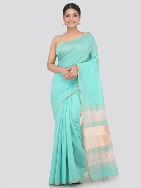 

PinkLoom Sea Green & Gold-Toned Silk Cotton Handloom Sustainable Saree