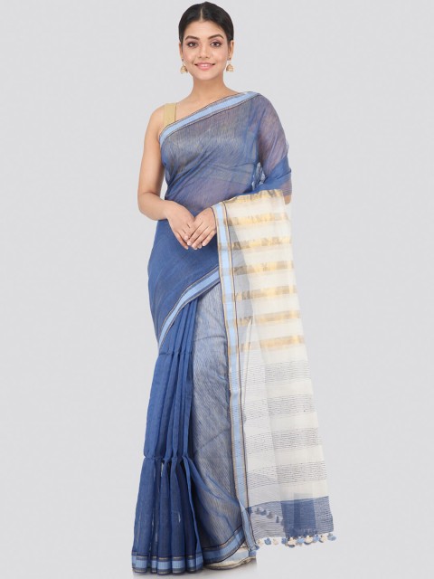 

PinkLoom Blue & White Pure Linen Handloom Saree