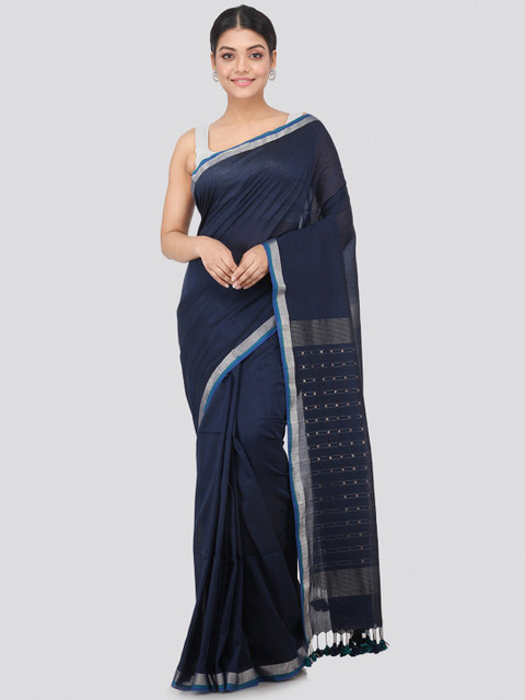 

PinkLoom Blue & Silver-Toned Pure Cotton Handloom Saree