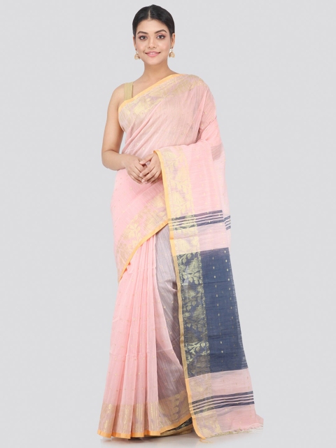 

PinkLoom Pink & Navy Blue Woven Design Pure Cotton Handloom Sustainable Saree