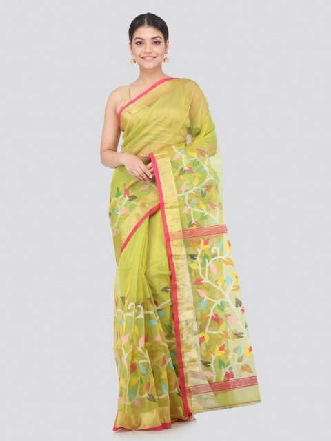 

PinkLoom Lime Green & Grey Floral Silk Blend Handloom Sustainable Saree