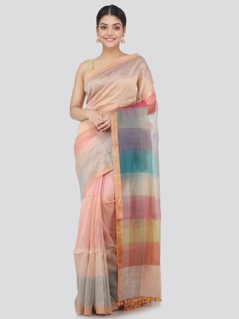

PinkLoom Multicoloured & Beige Pure Linen Handloom Saree, Multi