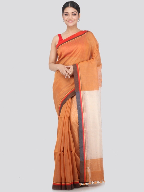 

PinkLoom Orange & White Woven Design Pure Linen Sustainable Saree