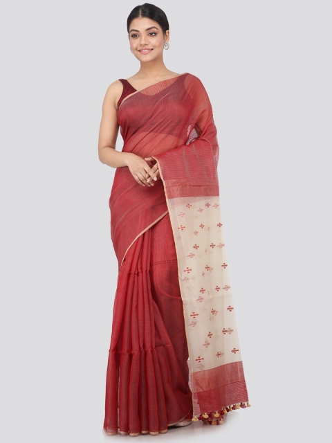 

PinkLoom Maroon & White Woven Design Silk Blend Saree