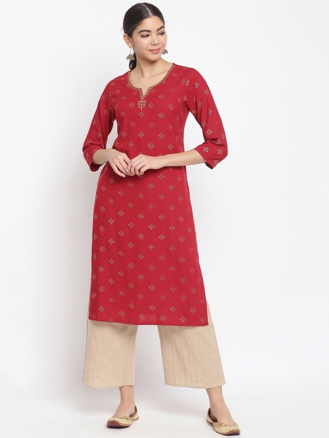 

IMARA Women Red & Gold-Coloured Ethnic Motifs Printed Liva Kurta