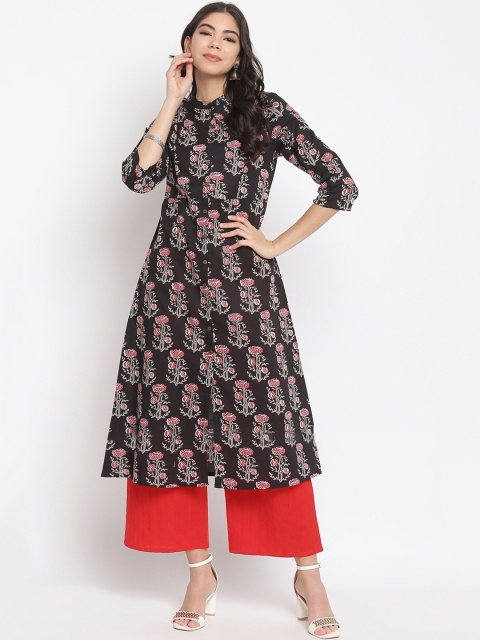 

IMARA Women Black & Red Floral Printed A-line Kurta
