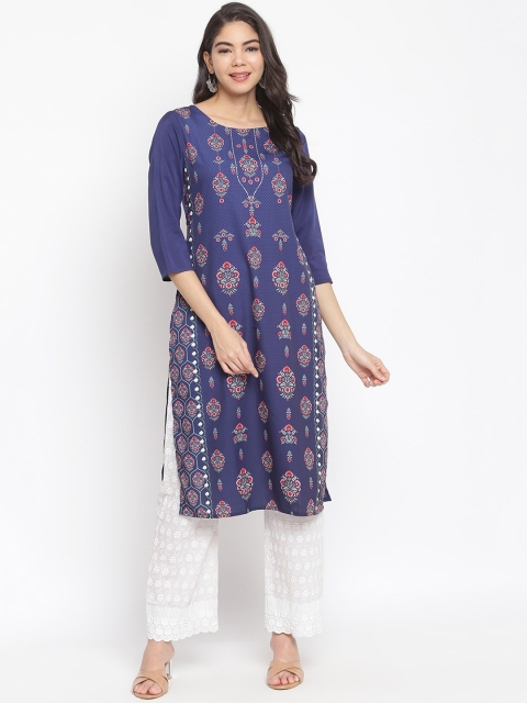 

IMARA Women Blue & Pink Ethnic Motifs Printed Crepe Kurta