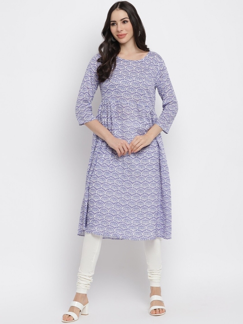 

IMARA Women Blue & White Floral Printed A-line Kurta