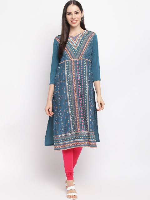 

IMARA Women Turquoise Blue & Pink Ethnic Motifs Printed Kurta