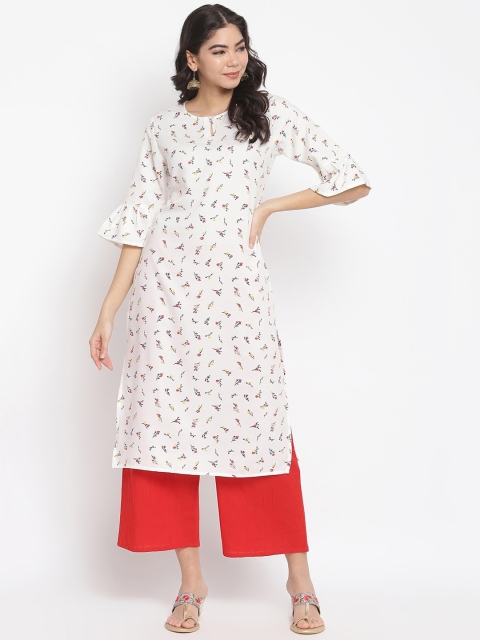 

IMARA Women Off White Floral Printed Keyhole Neck Flared Sleeves A-line Kurta