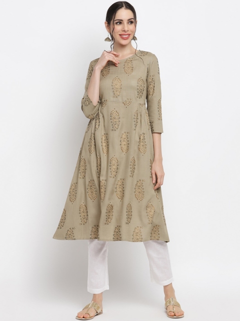 

IMARA Women Beige & Gold-Coloured Ethnic Motifs Printed Liva A-line Kurta