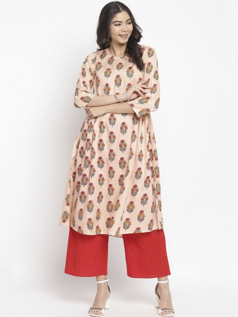 

IMARA Women Cream-Coloured & Peach Coloured Ethnic Motifs Printed Liva A-line Kurta