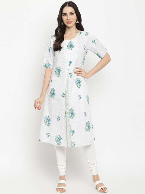

IMARA Women White & Blue Floral Printed Layered A-line Kurta