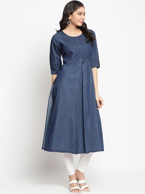 

IMARA Women Blue Thread Work Indigo Denim A-line Kurta