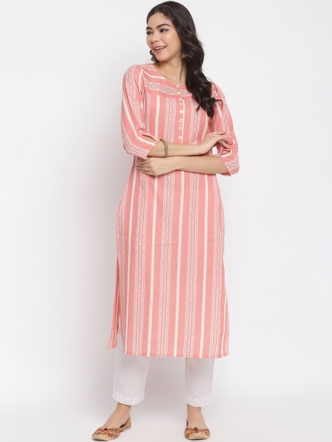 

IMARA Women Peach-Coloured & White Vertical Striped Kurta