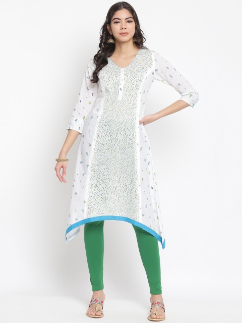 

IMARA Women White & Green Floral Printed Asymmetric A-line Kurta