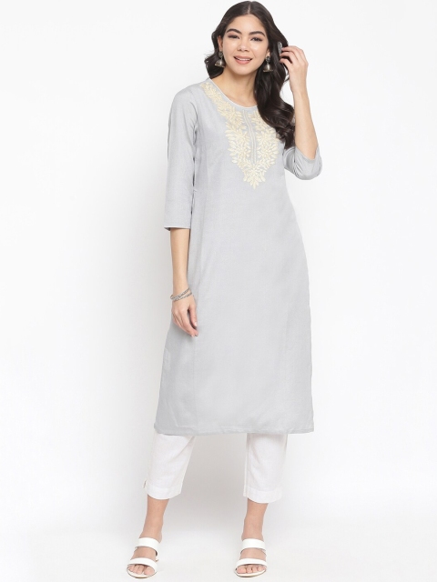 

IMARA Women Grey & Beige Floral Yoke Design Thread Work Liva Kurta