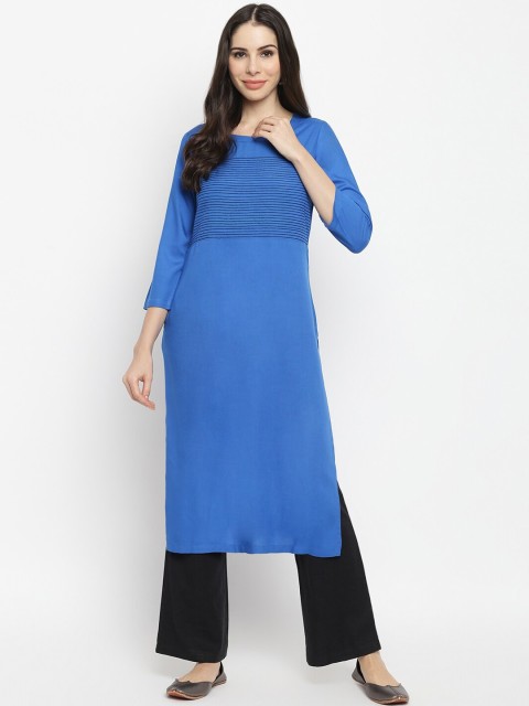 

IMARA Women Blue Thread Work Liva A-line Kurta