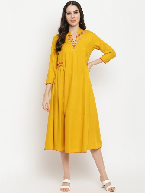 

IMARA Women Mustard Yellow & Red Thread Work Liva A-line Kurta