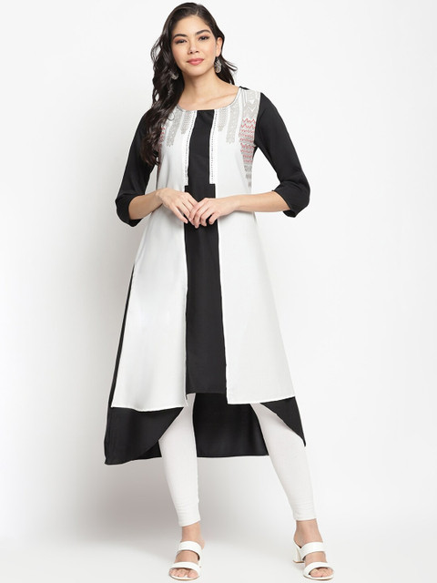 

IMARA Women Off White & Black Colourblocked Crepe Layered A-line Kurta