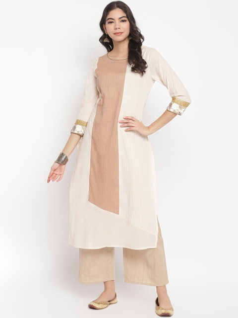 

IMARA Women Off White & Beige Colourblocked Thread Work Liva Kurta