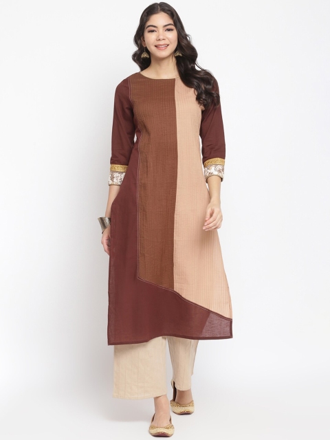 

IMARA Women Brown & Peach-Coloured Colourblocked Thread Work Liva A-line Kurta