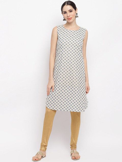 

IMARA Women Off White & Blue Geometric Printed A-line Kurta