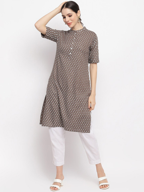 

IMARA Women Beige & White Ethnic Motifs Printed Liva Kurta