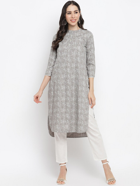 

IMARA Women Grey & White Floral Printed High Low Kurta