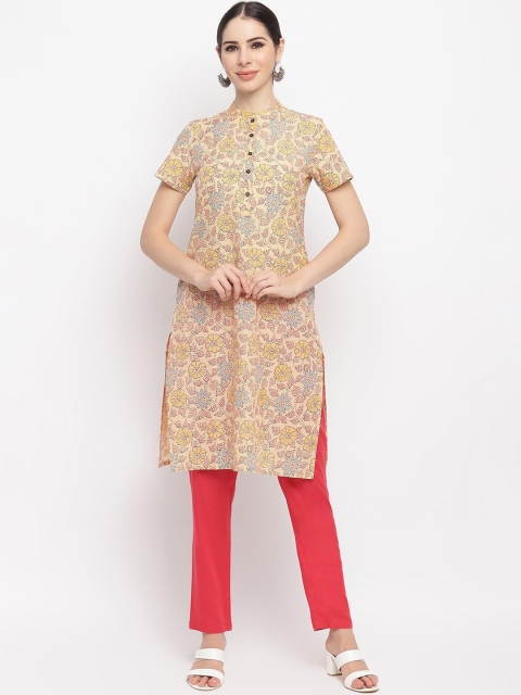 

IMARA Women Beige & Pink Floral Printed Pure Cotton Straight Kurta