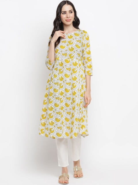

IMARA Women Mustard Yellow & White Paisley Printed Pure Cotton Anarkali Kurta
