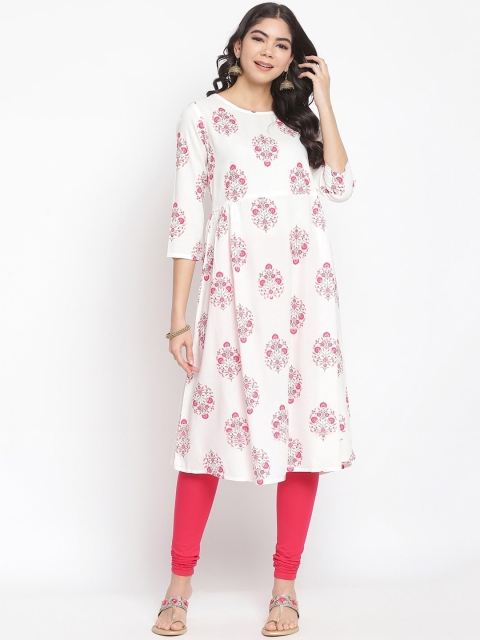 

IMARA Women Off White & Pink Floral Printed Liva Anarkali Kurta