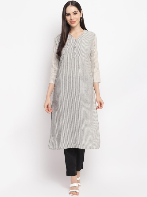 

IMARA Women Black & Cream-Coloured Striped Pure Cotton Straight Kurta