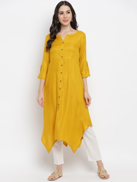 

IMARA Women Mustard Yellow Liva Asymmetric Hem A-Line Kurta