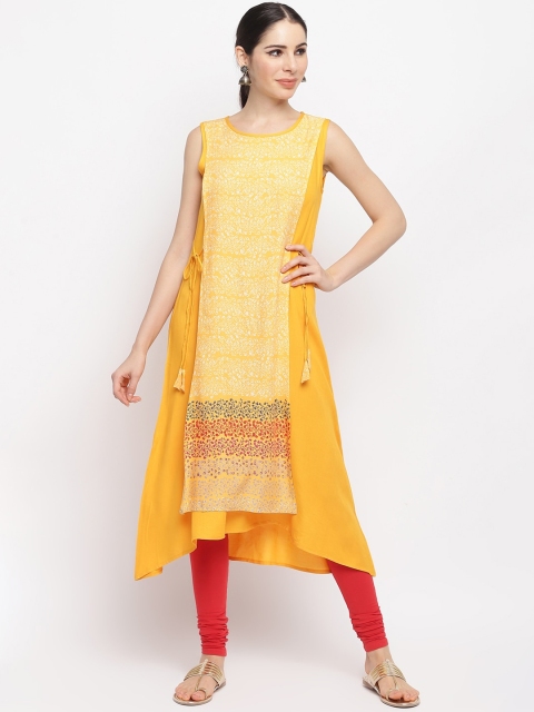 

IMARA Women Mustard Yellow Floral Printed Liva Layered A-Line Kurta