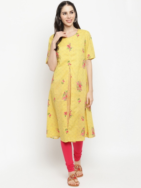 

IMARA Women Yellow & Pink Floral Printed Pure Cotton Kurta