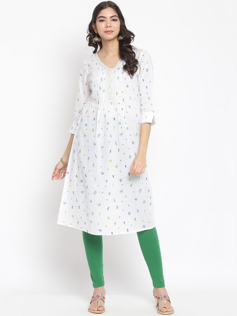 

IMARA Women White & Green Floral Printed Pure Cotton A-Line Kurta