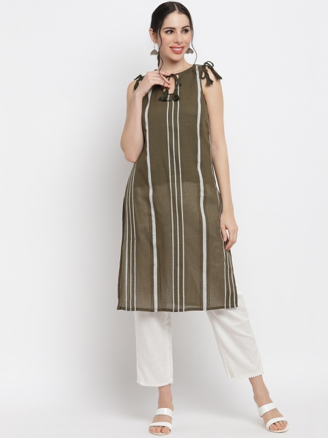 

IMARA Women Green & White Striped Tie-Up Neck Pure Cotton A-Line Kurta
