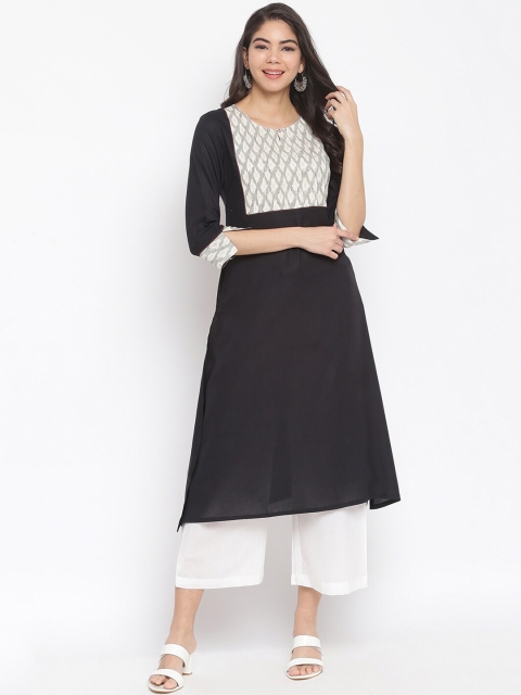 

IMARA Women Black Yoke Design Pure Liva Empire A-Line Kurta