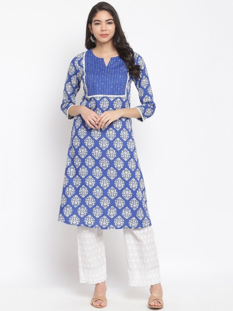 

IMARA Women Blue & White Ethnic Motifs Printed Liva A-Line Kurta