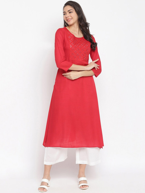

IMARA Women Red Yoke Design Mirror Work Liva A-Line Kurta