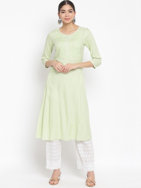 

IMARA Women Sea Green Floral Embroidered Pastels Pure Liva Straight Kurta