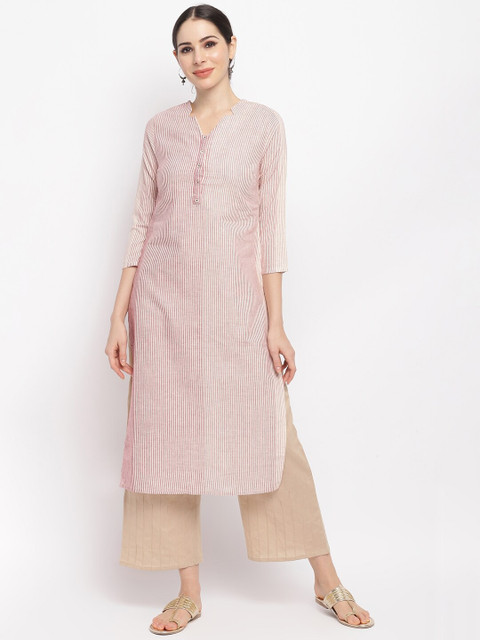 

IMARA Women Maroon & Off White Pure Cotton Striped Kurta