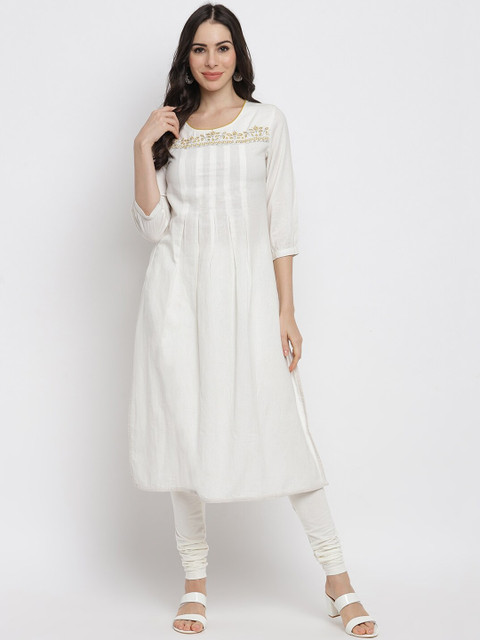 

IMARA Women White Flared Sleeves Thread Work White Romance Anarkali Kurta