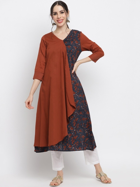 

IMARA Women Navy Blue & Brown Floral Printed Pure Cotton Layered Kurta