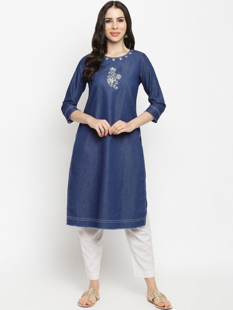 

IMARA Women Blue Floral Embroidered Thread Work Denim Kurta