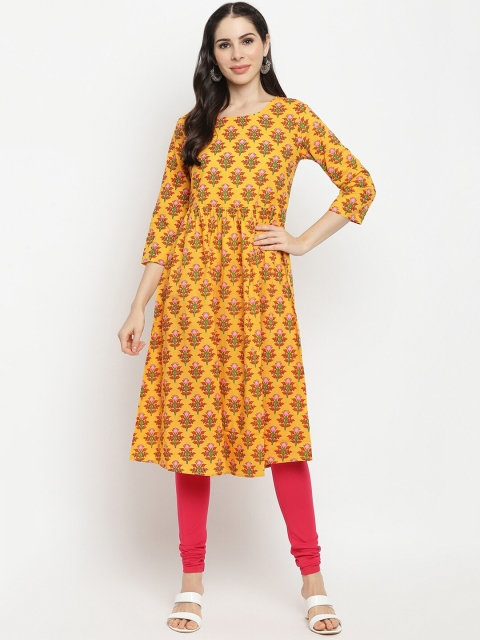 

IMARA Women Mustard Yellow & Pink Floral Printed Pure Cotton Anarkali Kurta