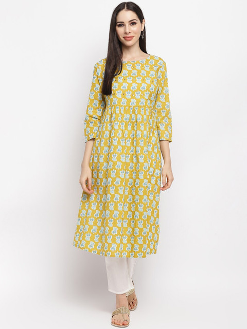 

IMARA Women Lime Green & Green Floral Printed Pure Cotton Anarkali Kurta